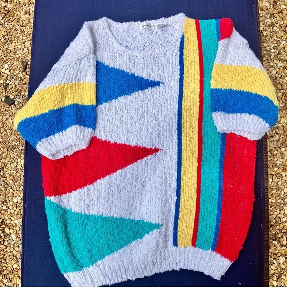 jason maxwell Tops - Vintage 80"s Bold Color block Colorful Geometric Puffed Short Sleeve Sweater XL